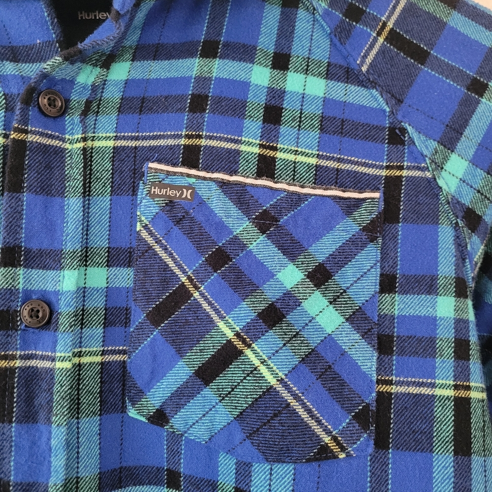 Hurley Boy's Hooded Plaid Flanner Button Down Shirt Size Medium EUC - Picture 2 of 5